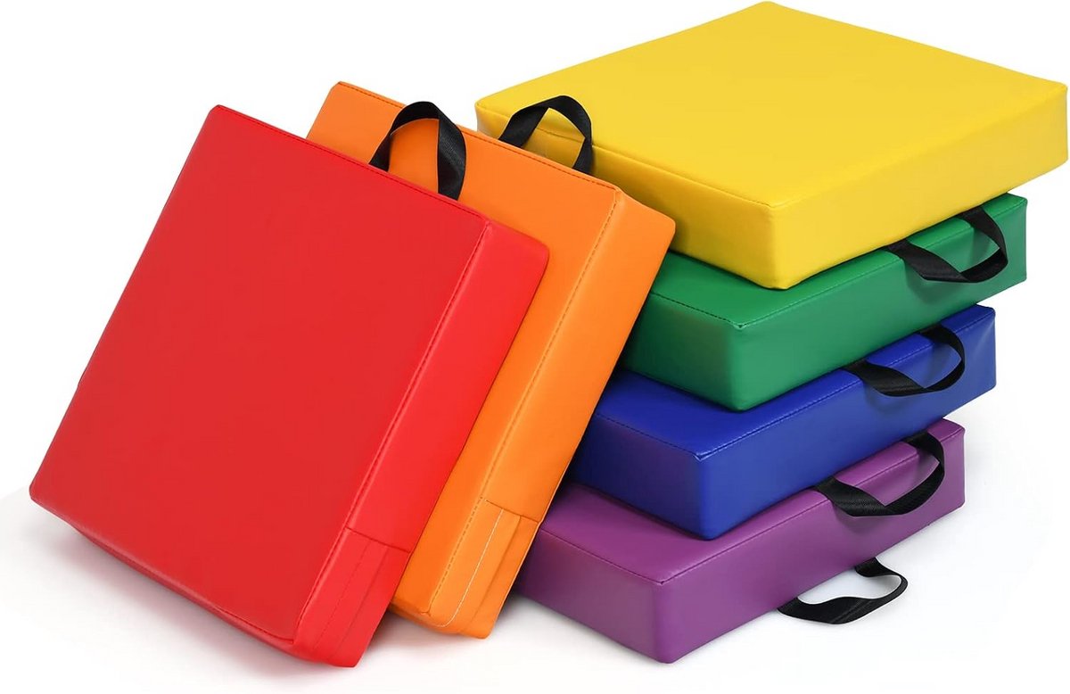 Set van 6 kleurrijke zitkussens voor kinderen met handvat en opbergmogelijkheid