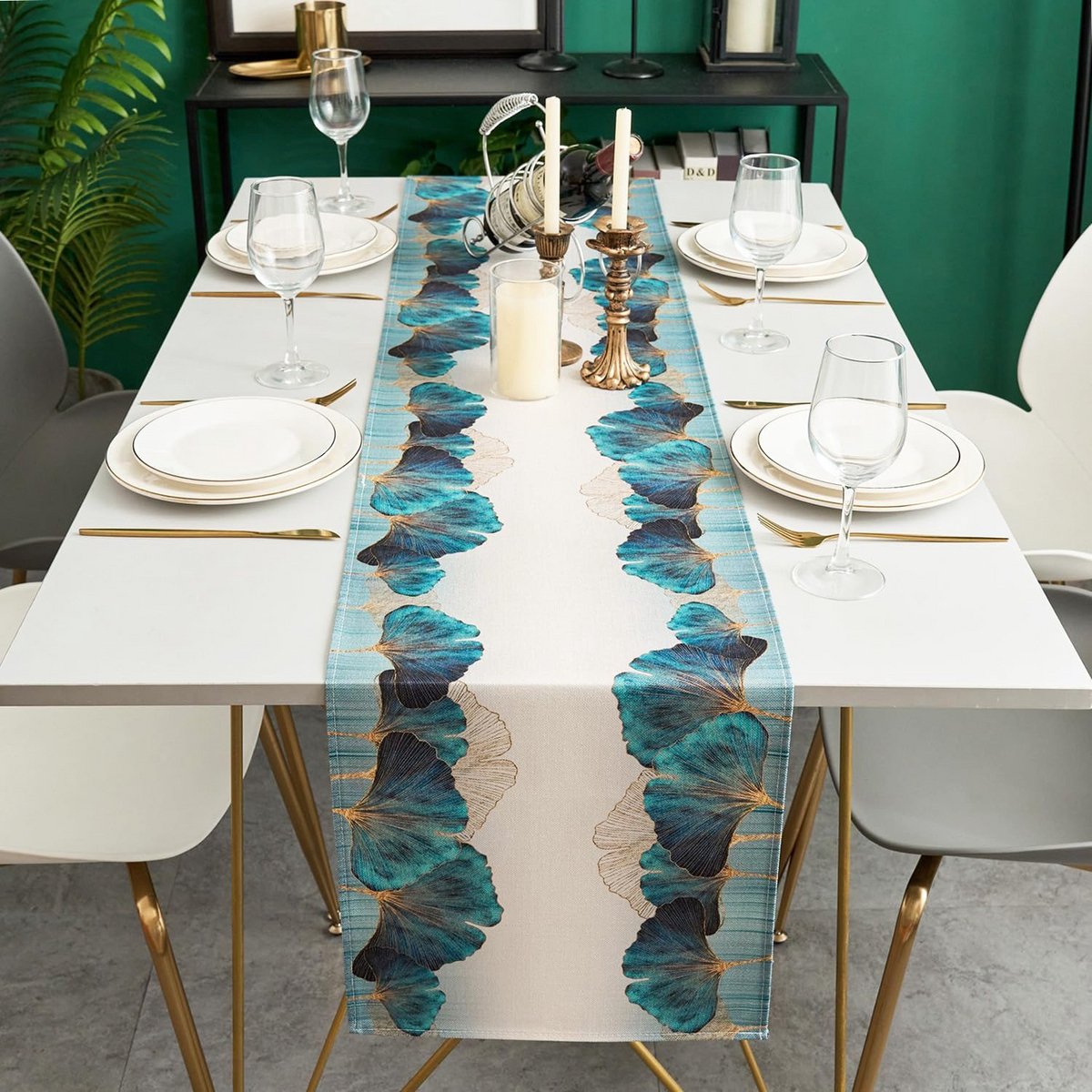 Moderne Tafelloper Groen Goud Ginkgo Bladeren - Wasbaar Tafelkleed 33x183 cm