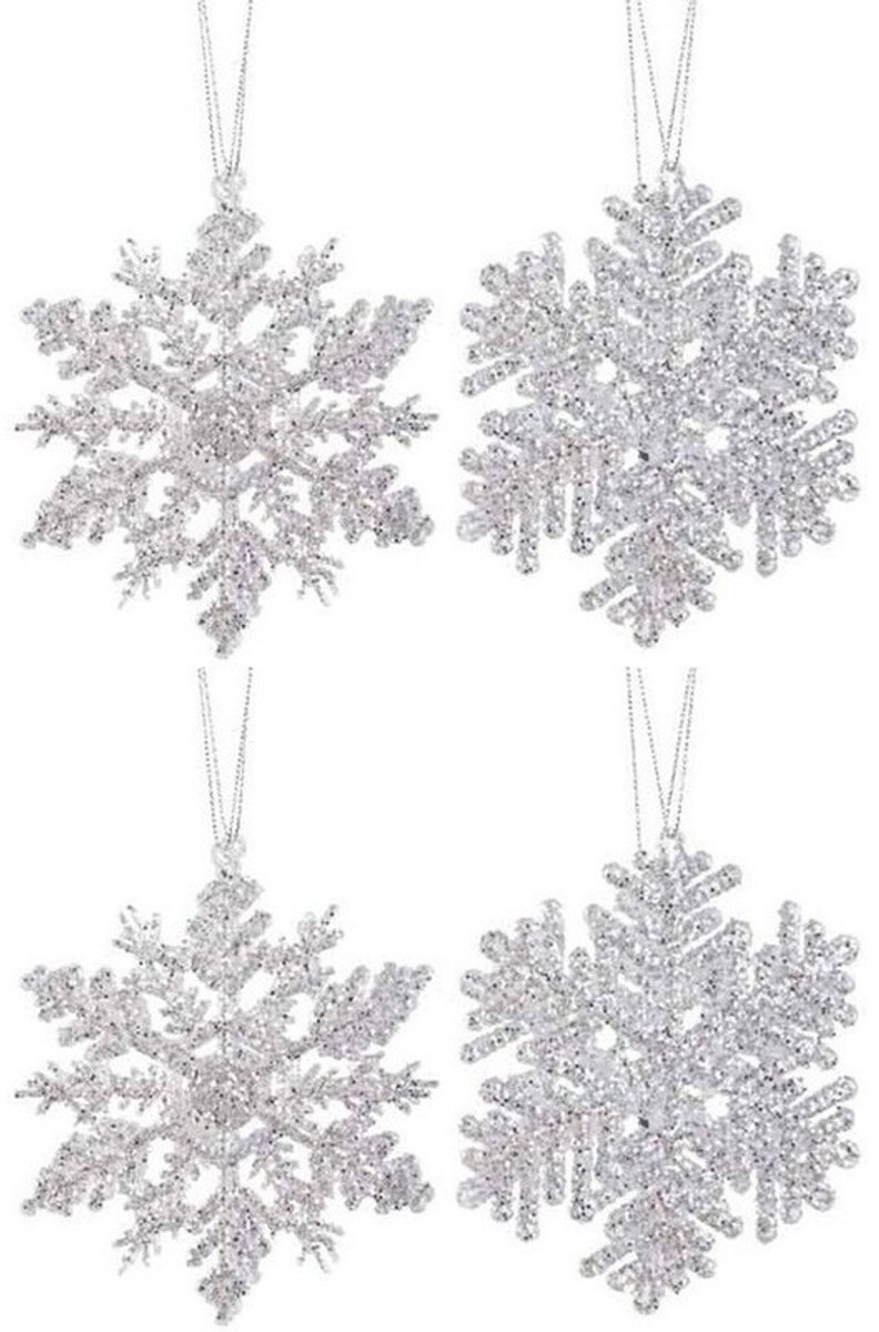 Decoris Kersthangers - 4x - zilver - sneeuwvlok/ster - 12 cm - Sneeuw thema kerstboomhangers