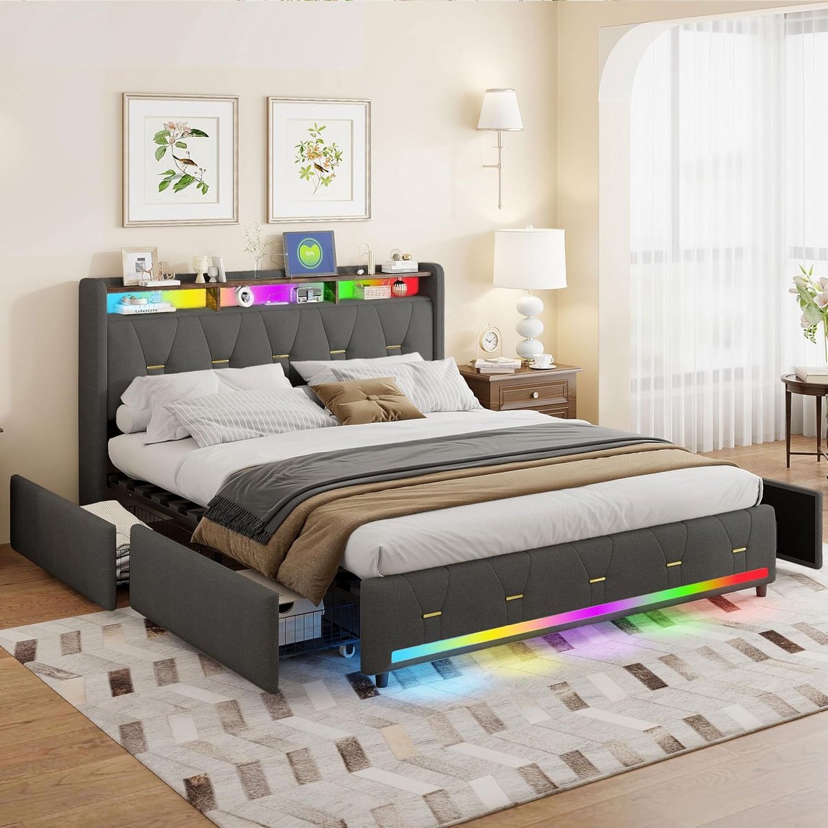 Tweepersoonsbed Grijs Gestoffeerd 160x200 cm met 4 Lades, USB Opladen en LED Verlichting