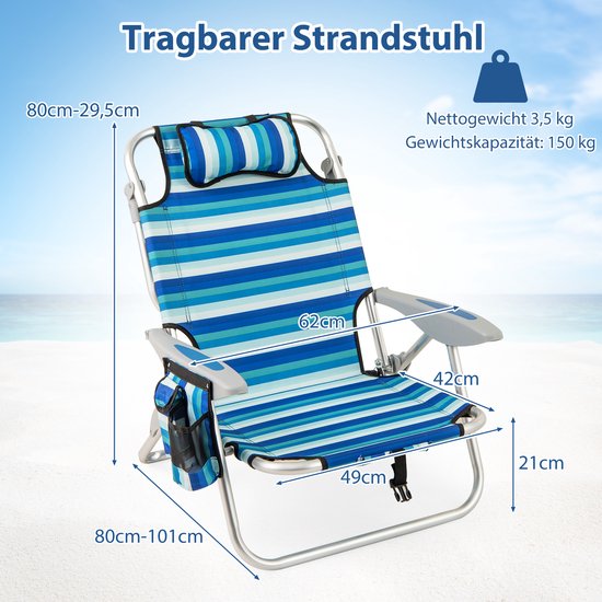 COSTWAY Strandstoel, inklapbaar, licht, campingstoel met verstelbare rugleuning, hoofdsteun, zijzakken, koeltas, schouderbanden en armleuningen, klapstoel, outdoorstoel (1 stoel) van Costway — afbeelding 3
