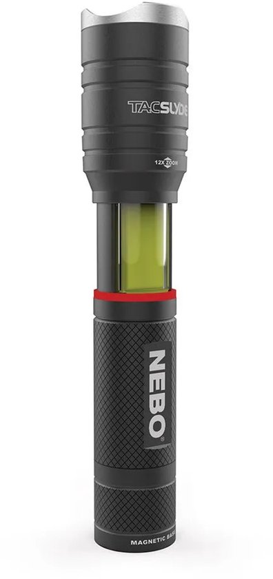 Grijze Nebo Tac Slyde zaklamp, verticaal geplaatst, met rode ring en COB-licht.