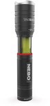 Grijze Nebo Tac Slyde zaklamp, verticaal geplaatst, met rode ring en COB-licht.