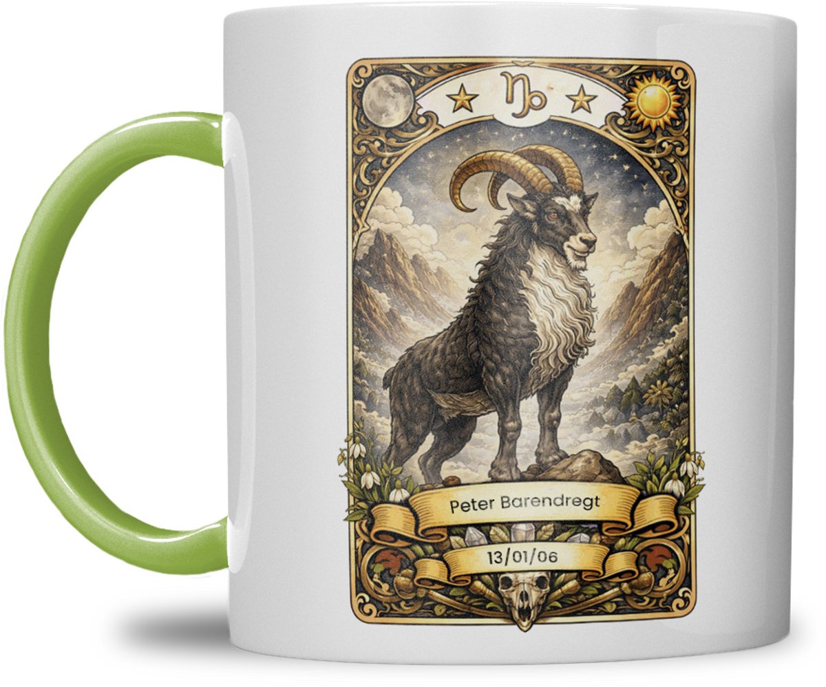 Sterrenbeeld mok - Steenbok - Licht Groen - Tarot mok - Gepersonaliseerd met naam en datum