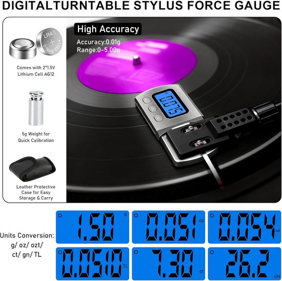 6-delige Platenspeler Afstel Set - Met Digitale Naalddrukmeter, VTA Azimuth Liniaal & Cartridge Protractor - Inclusief Reserve Naald & Borstel - Vinyl Accessoires — afbeelding 5