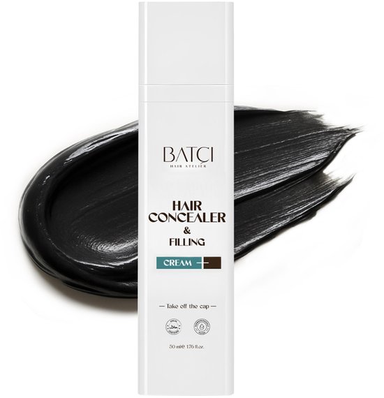 Flacon blanc BATCI Hair Concealer & Filling Cream avec une traînée de crème noire.