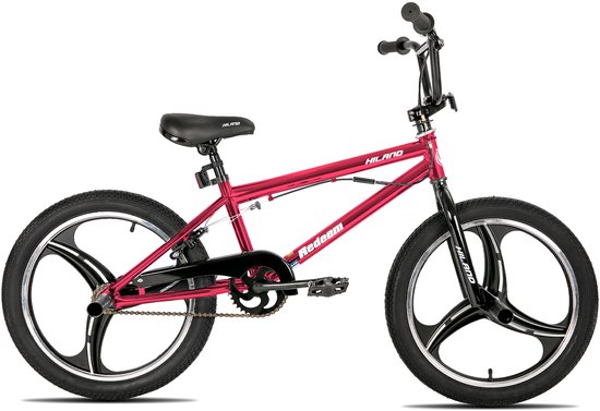 Rode BMX fiets met zwarte mag-wielen (3 spaken) en zwarte details.