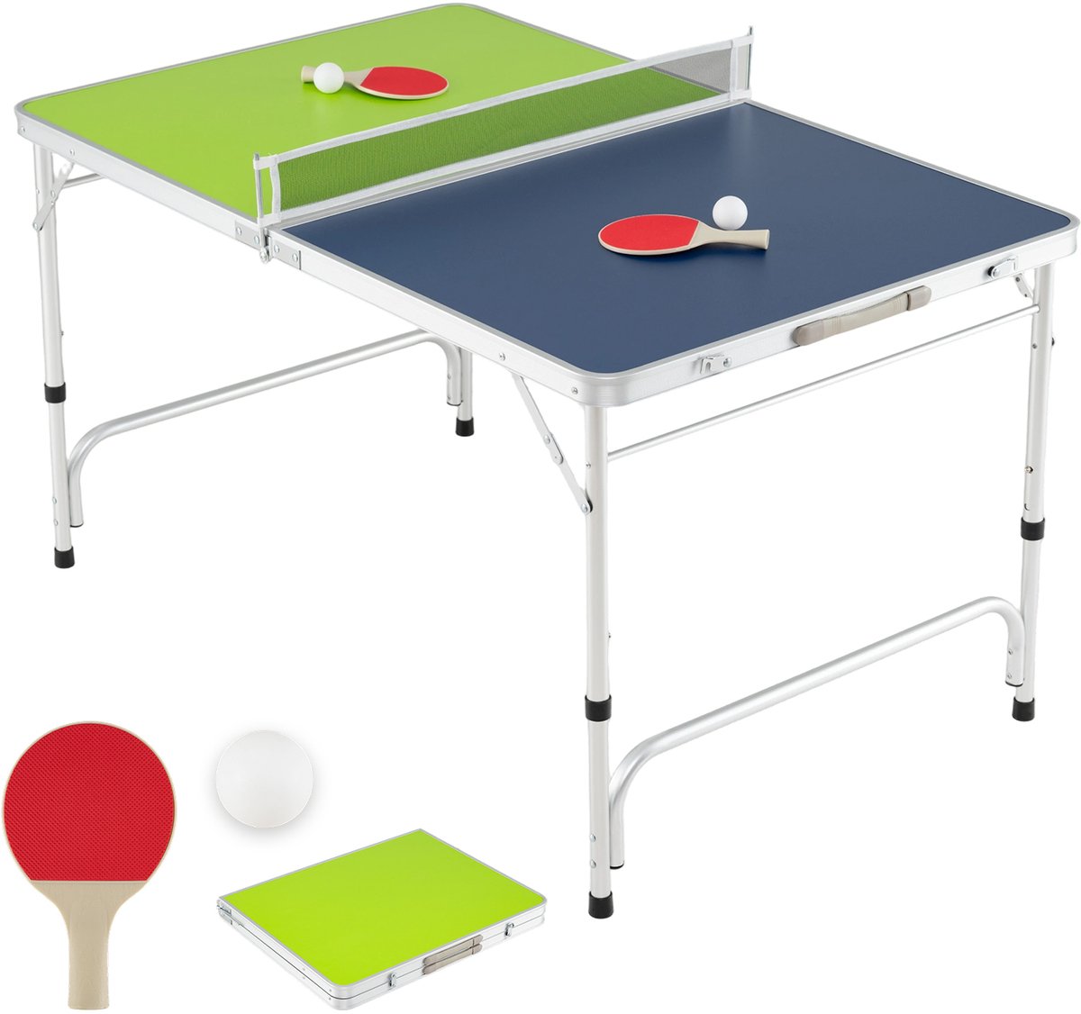 COSTWAY Mini tafeltennistafel inklapbaar, tafeltennistafel 3-traps in hoogte verstelbaar incl. net, 2 batjes en 2 ballen, 120 x 76 cm ping pong tafel weerbestendig voor binnen en buiten