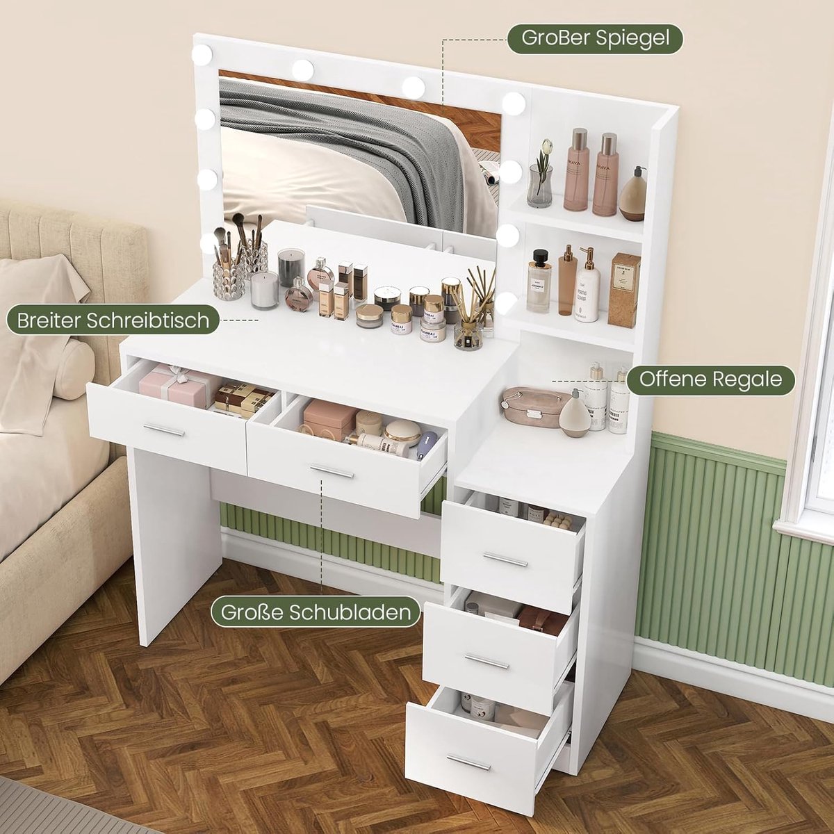 Make-uptafel met LED Spiegel 110x40x138 cm – 5 Lades & 2 Open Planken – Verstelbare 3-Kleur Verlichting – Moderne Kaptafel voor Meisjes en Vrouwen – Pauwhome