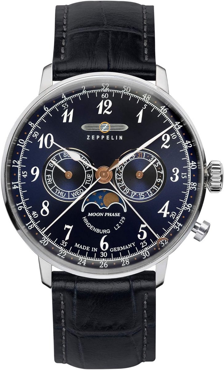Herenhorloge met Blauwe Leren Band, Dag- en Datumweergave