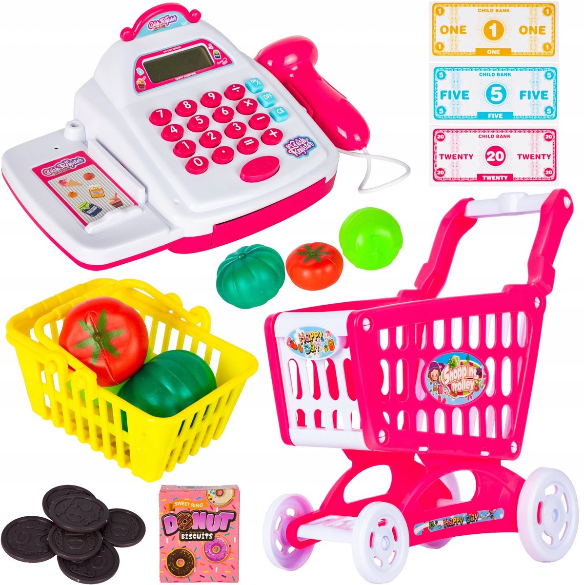 Playos® - Speelgoedkassa met Winkelwagentje - Roze - Geluid - met Rekenmachine, Scanner en Geldlade - Rekenspeelgoed - Educatief - Rollenspel - Speelgoedkassa