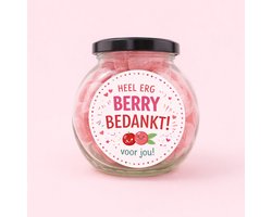 Cranberry Zuurtjes 300g in Glazen Snoeppot – “Heel Erg Berry Bedankt” – Cadeaupot met Snoep – Bedankje voor Collega, Juf of Relatie - Streeck