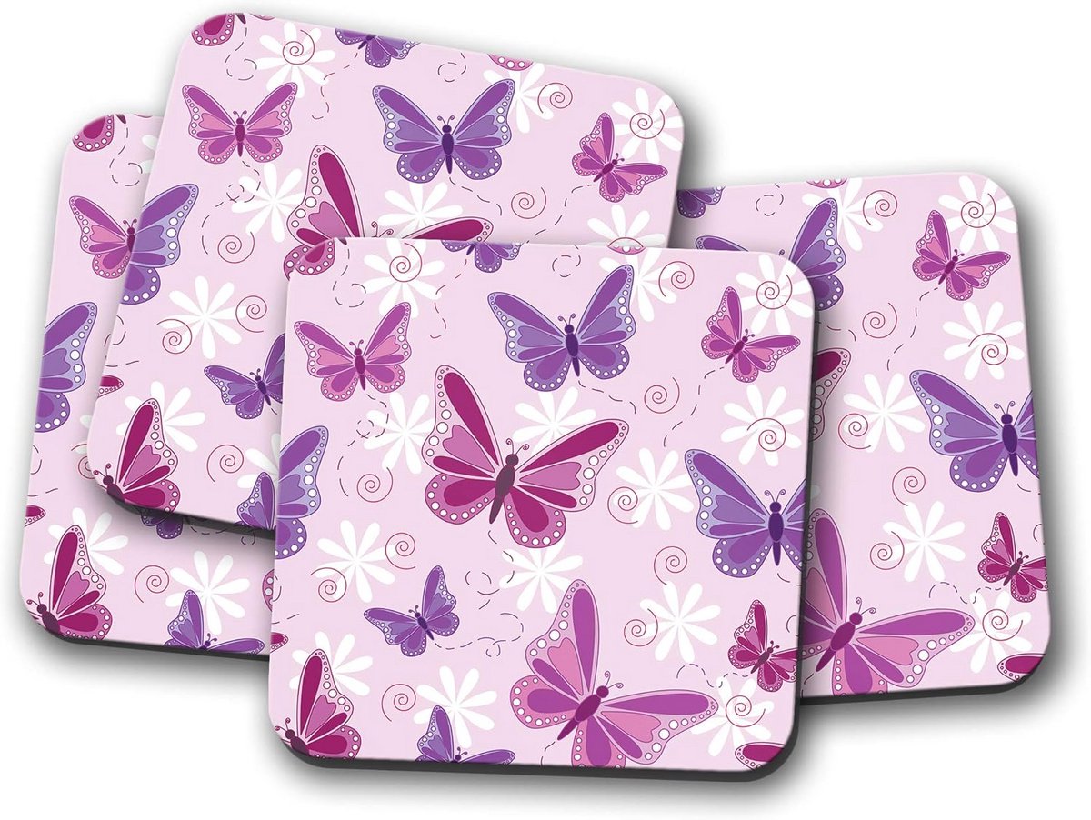 Set van 4 Onderzetters met Paarse en Roze Vlinders en Bloemen