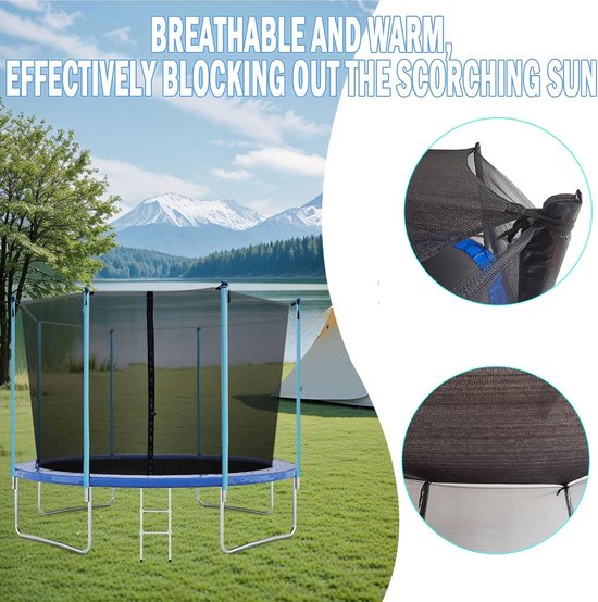 Trampoline met luifel in een landschap, 'ademend en warm, blokkeert effectief de brandende zon'.