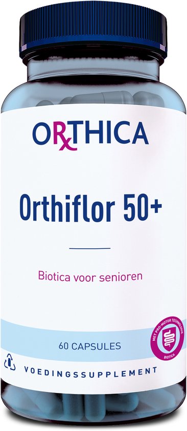 Orthica Orthiflor 50+ pot met 60 capsules voor senioren. Blauw met roze accenten.