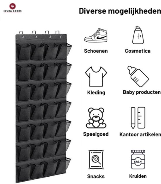 Hangende schoenenzak zwart voor aan de deur – 24 vakken – Zwarte schoenen organizer – Deur opbergzak voor schoenen