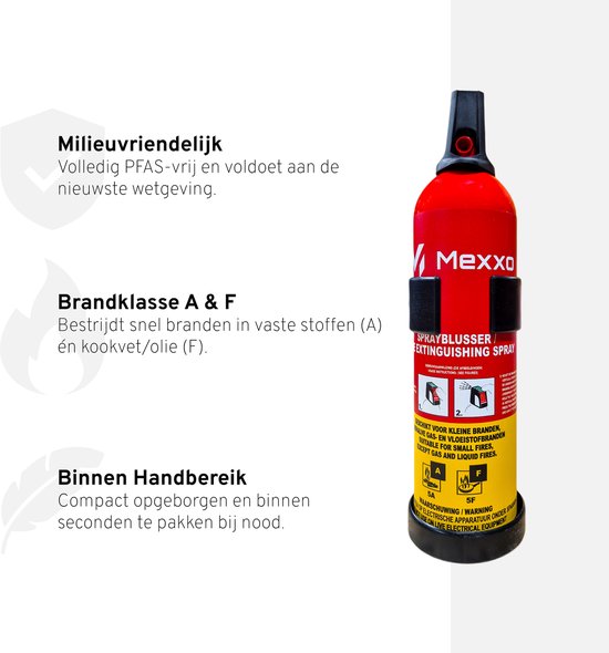 Rode Mexxo brandblusser met zwarte spuitmond en handvat, op een witte achtergrond. Milieuvriendelijk, brandklasse A & F.