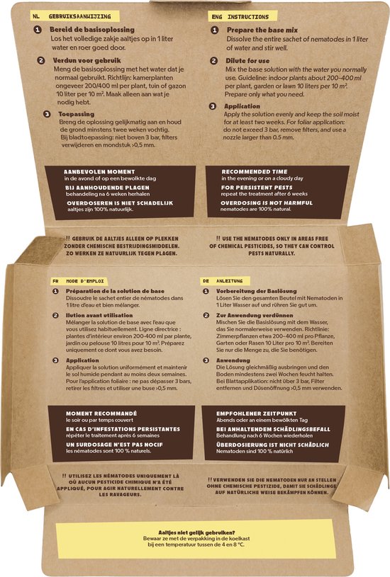 Instructies voor het gebruik van aaltjes tegen engerlingen. Met deels Nederlandse, Engelse, Franse en Duitse tekst en illustraties van bereiding en toepassing.