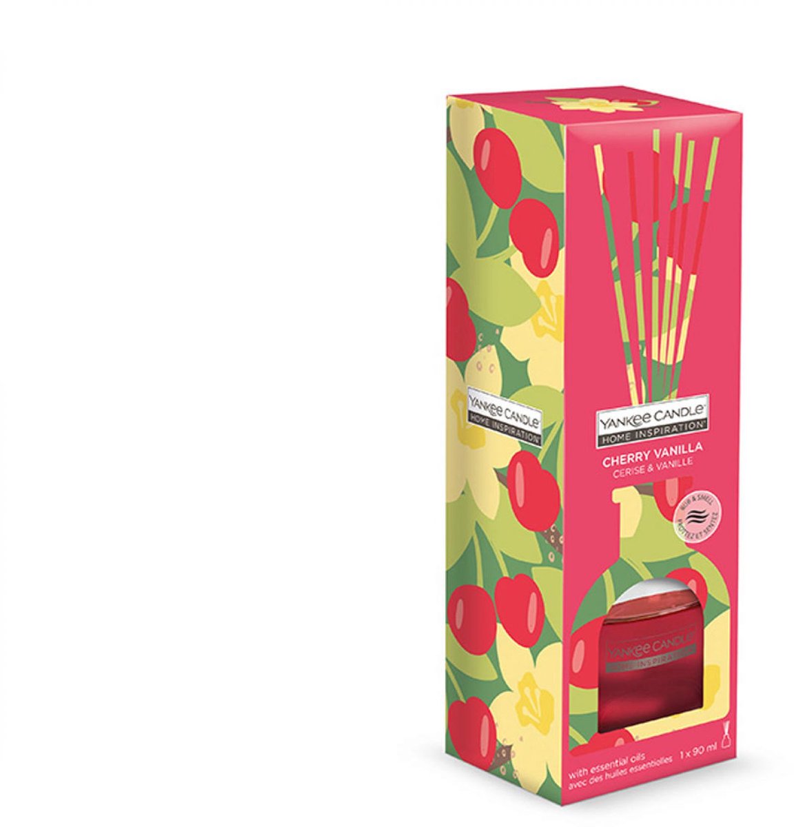 Yankee Candle Home Inspiration Reed Diffuser Cherry Vanilla 90 ml | Geurstokjes Diffuser | Zoete Kers en Vanille | Langdurige Ruimtegeur | Home Fragrance Geel