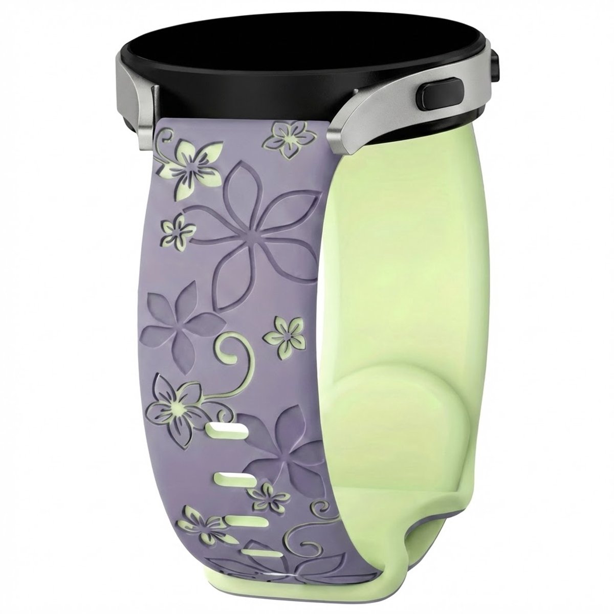 Lavendel limoen silicone horloge band dames geschikt voor 22mm Geschikt voor serie samsung galaxy watch 3 (45 mm) / Galaxy Watch 46 mm horloge – bloemen patroon horlogeband – two tone floral engraved design
