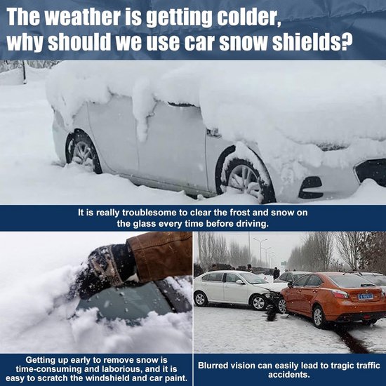 Collage van de problemen met sneeuw op auto's: besneeuwde auto's, hand die ijs schraapt en auto-ongelukken door slecht zicht.