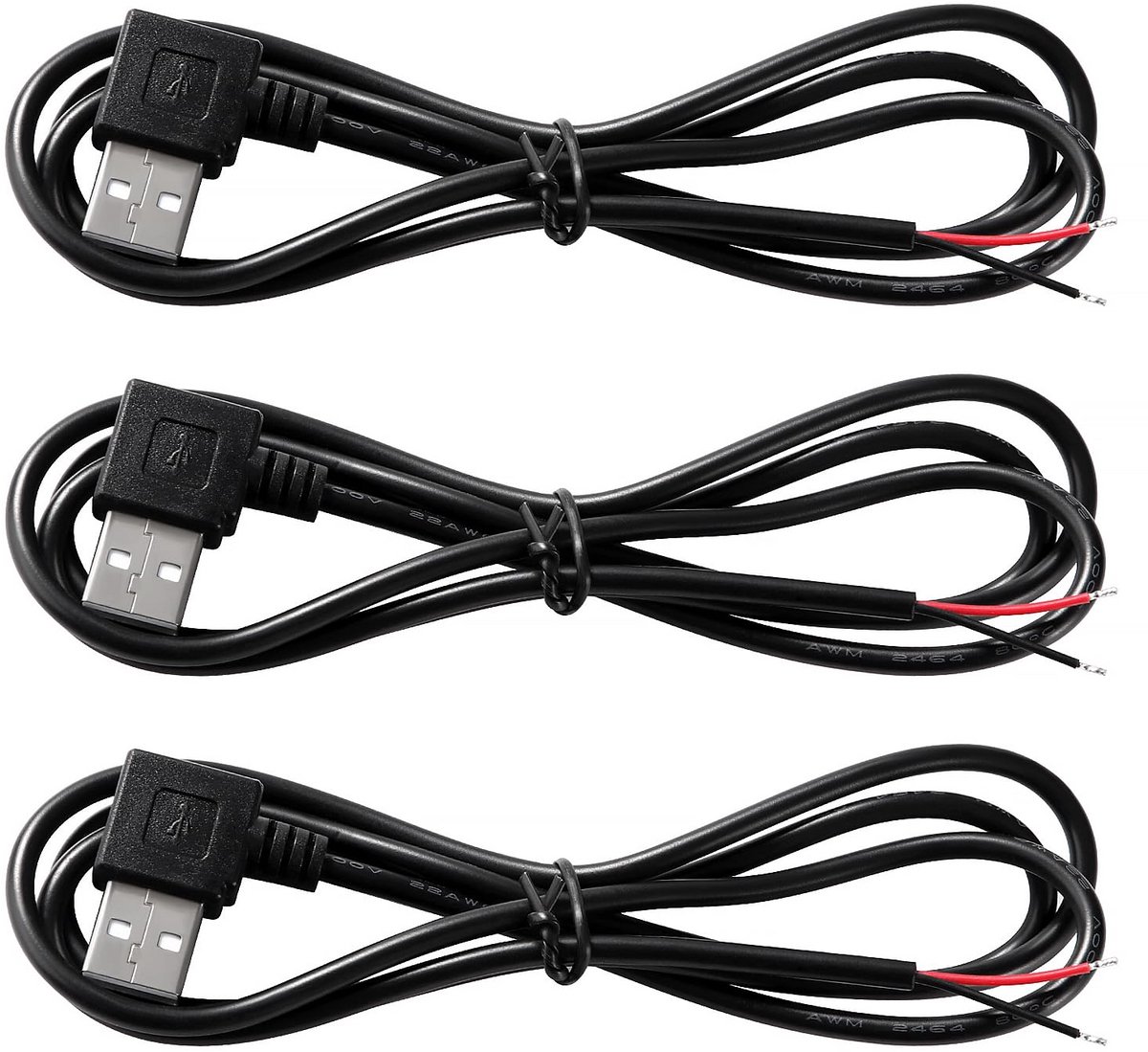 3 Stuks USB A Mannelijke 2-pins Blote Draad Kabel 1m 5V 3A DIY Reparatie