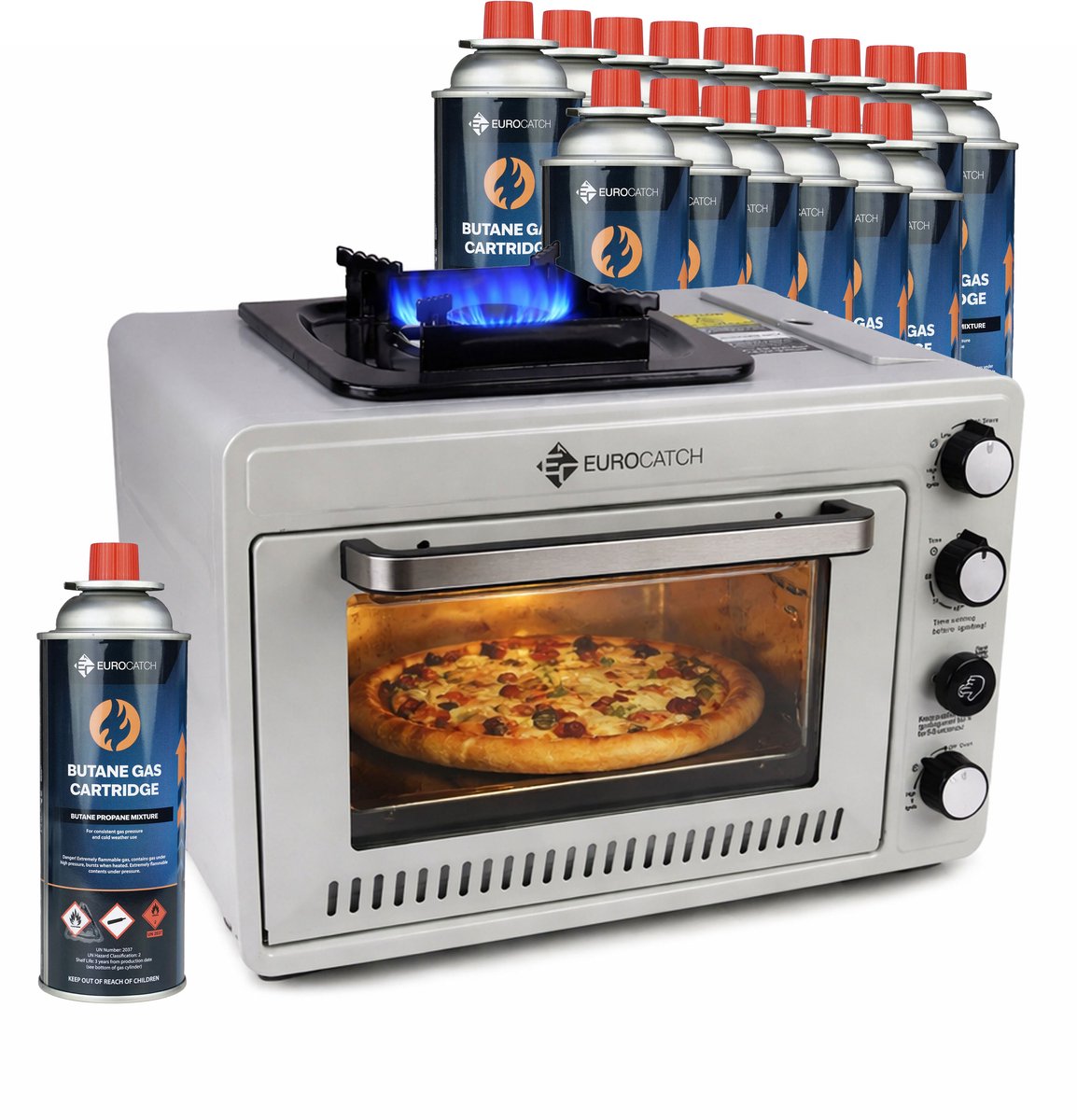 Eurocatch Draagbare Gasoven op 227 g Gasbusjes - Camping Oven met Brander - 25,2 Liter - 2,1 kW - Elektronische Ontsteking - Outdoor & Thuisgebruik - incl. 16 gasbusjes