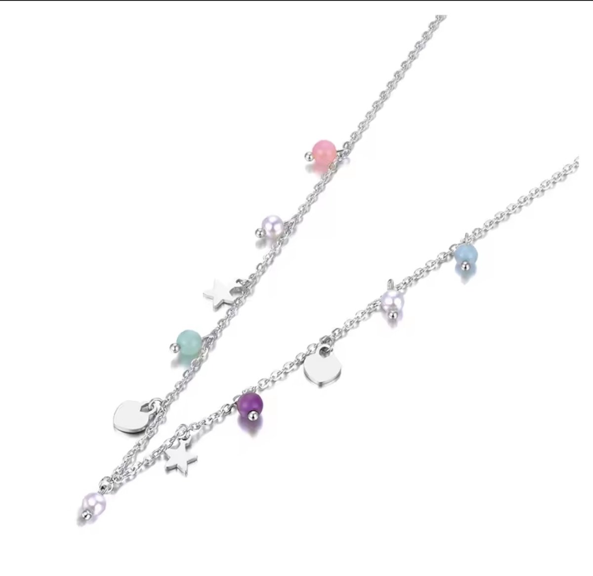 Ketting Meisje Bedel- Bedelketting Meisje- Zilveren Ketting Meisje- Ketting met Hartje- Hartjes en Sterretjes- Stainless Steel- Cadeau Meisje- LiLaLove- Kind