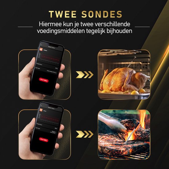 Een smartphone die de app toont voor een kip in de oven, en een steak op de grill.