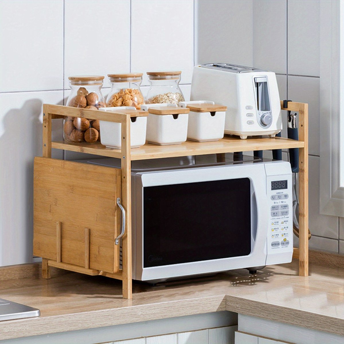Bamboo Expandable Microwave & Kitchen Rack – Microwave Bracket with Hooks & Spice Organizer