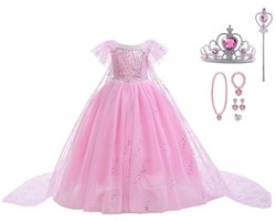 Frozen Elsa jurk - roze prinsessenjurk meisje -Het Betere Merk - Prinsessen verkleedkleding - 92/98 - Juwelenset - kroon - Tiara - Toverstaf - Kleed