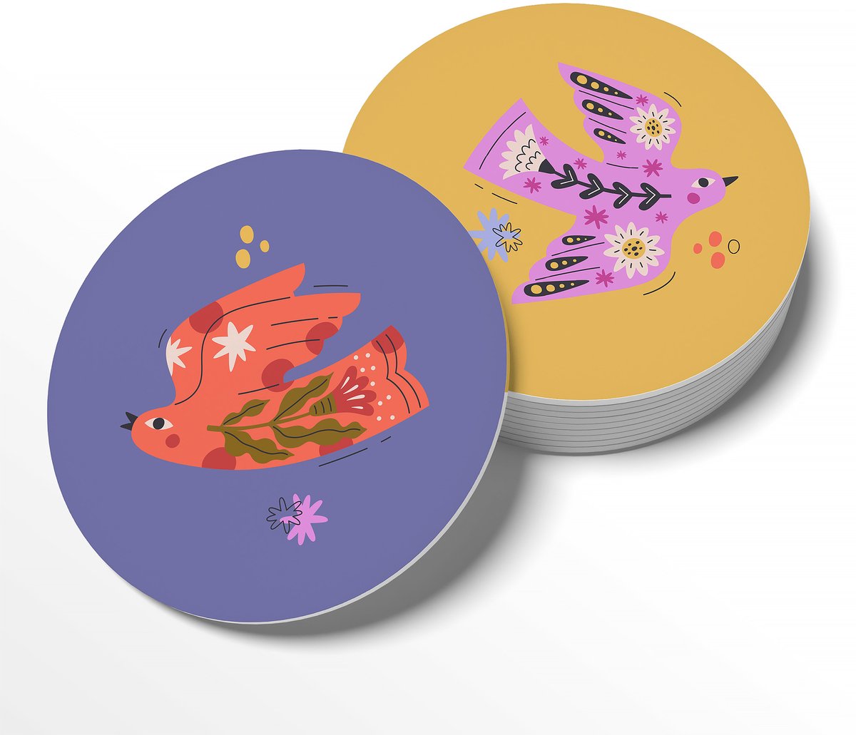 BONT | Onderzetters - 6 stuks - Vogels - Coasters - Rond - Kunst - Watervast - Interieurobject - 10cm - Kunststof