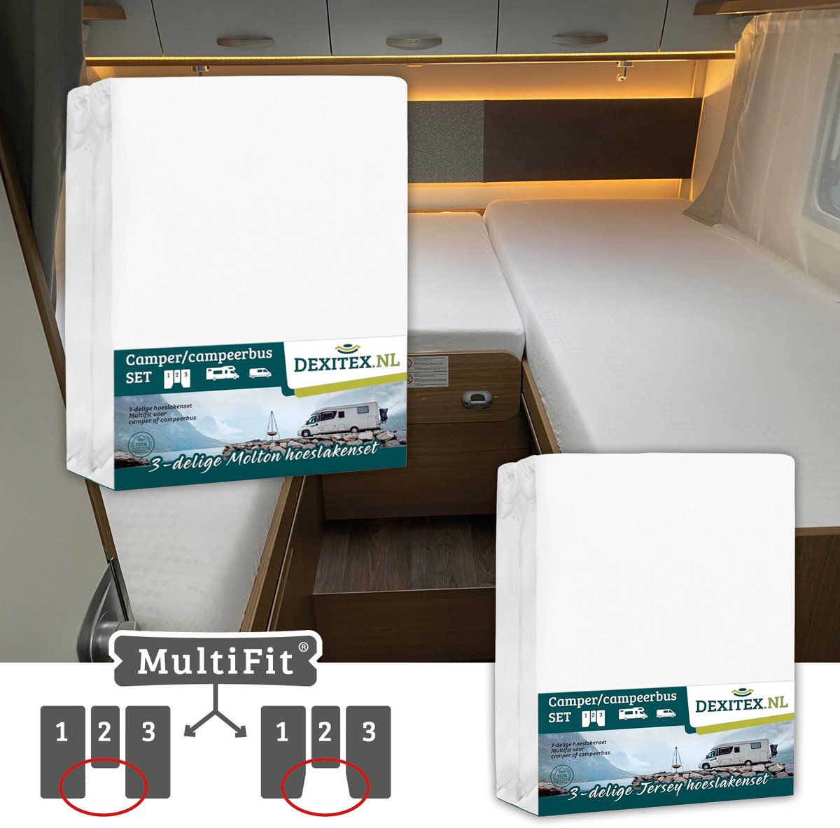 Dexitex Hoeslaken WIT 3 delige set / Caravan Camper lengtebedden of enkele bedden