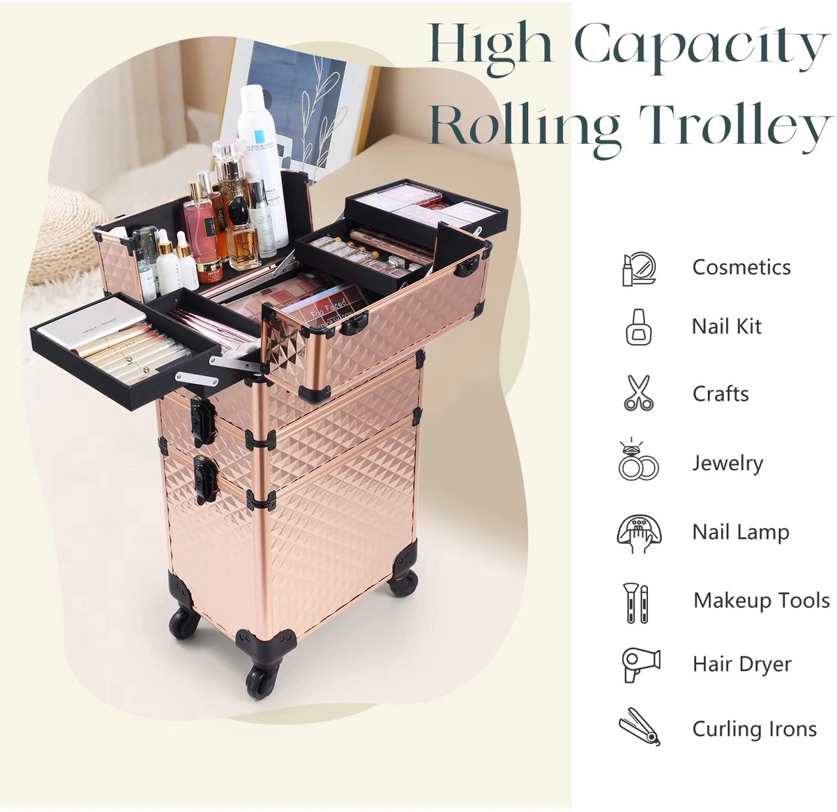 Jently make-up koffer - make-up trolley - make-up set - 35x24.5x67 cm - zwart