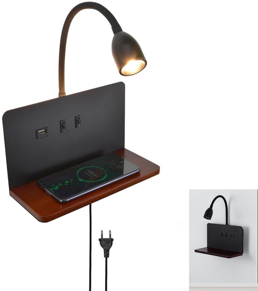 NBAP® Wandlamp Binnen met Snoer - Wandlamp met Stekker voor Binnen - met Dimbare Schakelaar - Industrieel en Vintage - Slaapkamer Bedlampje-Zwart