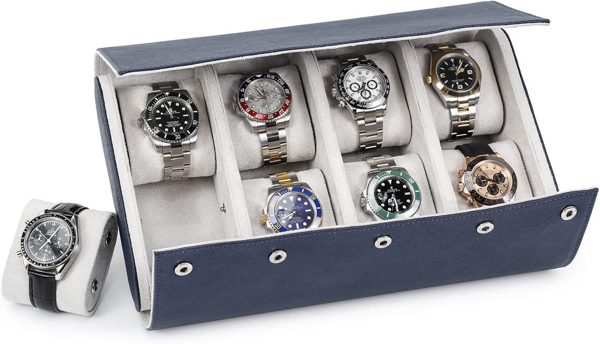 Luxe Horloge Opbergrol voor 8 Stuks Reiscase in Blauw Saffiano Leer