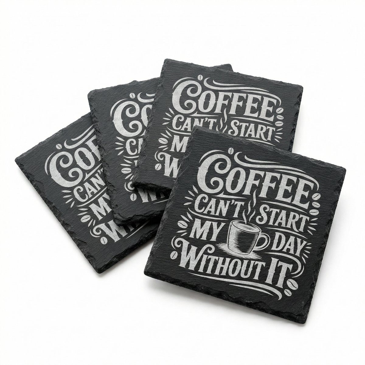Onderzetters Leisteen Gegraveerd – Set van 4 Met Houder – Koffie Quote – Antislip – Cadeau