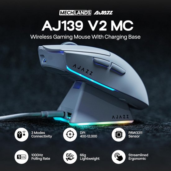 Draadloze MC Gamingmuis met Oplaadstation, Superlichtgewicht 66g, 12.000 DPI en Tri-Mode Connectiviteit — afbeelding 4