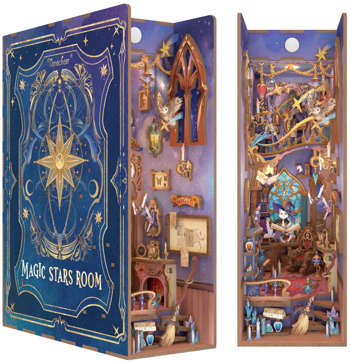 Tonecheer TQ142 Magic Stars Room Book Nook Bouwpakket | Miniatuur huisjes pakket modelbouw voor volwassenen | Houten 3D Puzzel | Woonkamer decoratie boekensteun | Bewegingssensor led lights verlichting | DIY boekenhouder collectie