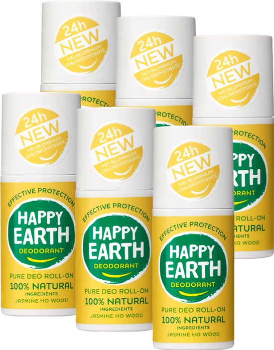Groep van zeven Happy Earth Deodorant Roll-Ons met gele etiketten en de tekst 24h NEW.