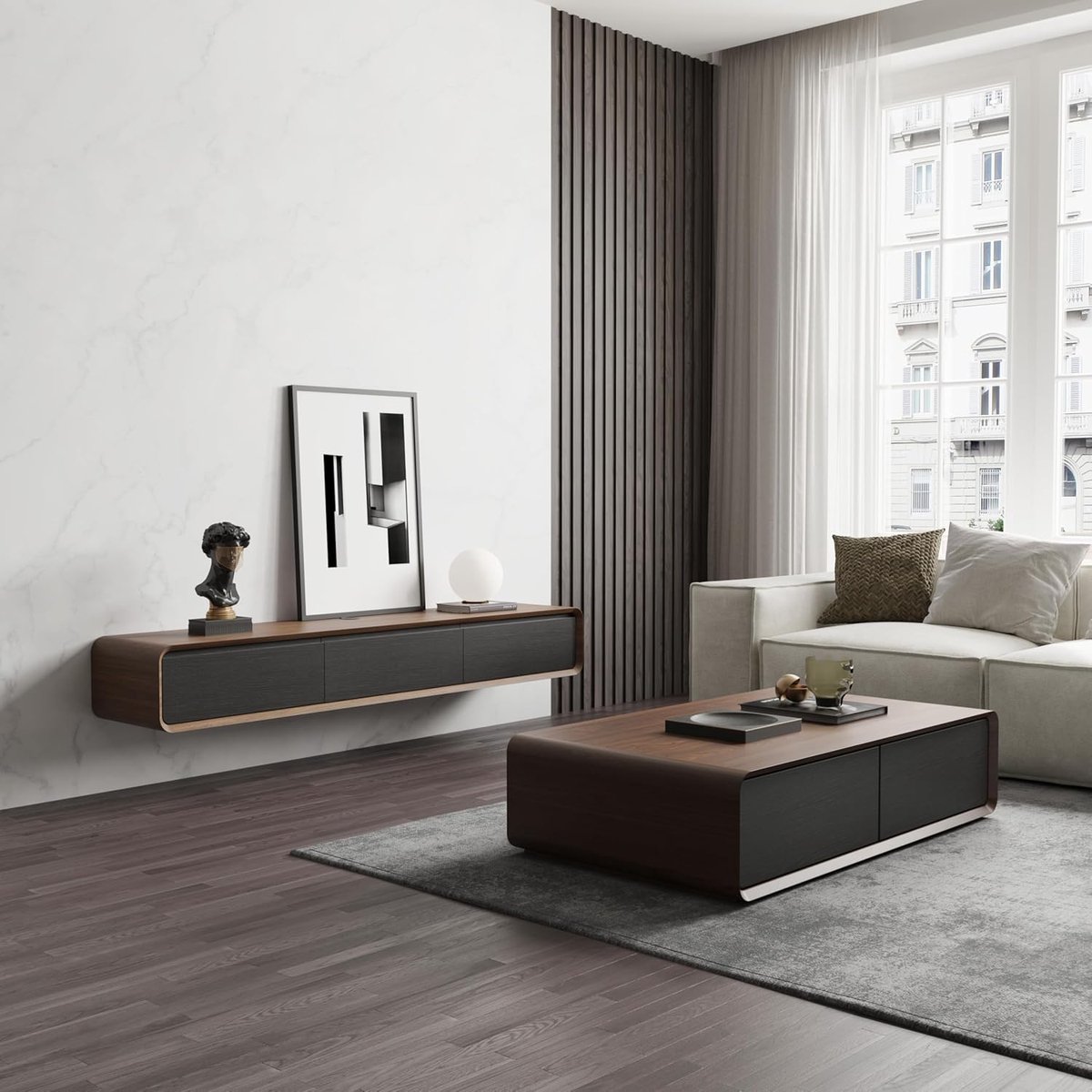 Hangend TV-meubel 180 cm – Modern Zwart en Walnoothout, 3 Laden, Zwevend TV-kast met Kabelmanagement en Opbergruimte – Massief Hout & MDF – Minimalistisch Design – Abkantoor