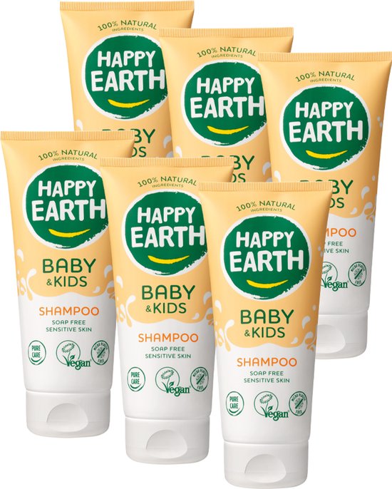 Happy Earth Bundel Shampoo Baby & Kids - 100% natuurlijk - Microplasticvrij - 0% SLS/SLES - Babyverzorging – Met plantaardige huidverzachter – Geschikt voor pasgeborenen – 6 x 200mL - Voordeelverpakking