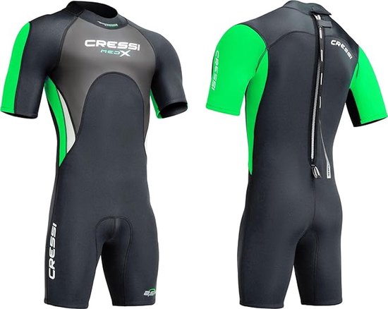 Zwarte Cressi Med X shorty wetsuit met contrasterende limocgreen mouwen en zijkanten. Ritssluiting op de rug.