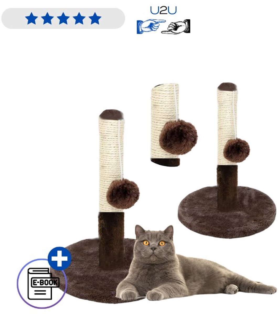 Katten Krabpaal Toren Donkerbruin 40x30 cm Lage Krabtoren met Sisal Touw Speelkoord met Pompon Stevig en Stabiel Krabmeubel voor Katten Beschermt Meubels Stimuleert Spel en Beweging Geschikt voor Alle Katten Interieurvriendelijk Design Plus Met Ebook