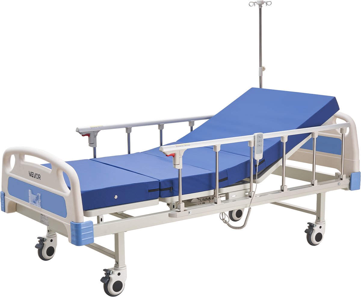 Vevor Elektrisch Ziekenhuisbed, 2-Functie Ziekenhuisbed met Verstelbare Rugleuning en Beensteun, 12,7cm Wielen en Schuimmatras voor Thuiszorg, Verpleeghuis en Ziekenhuis, Max. blauw；wit