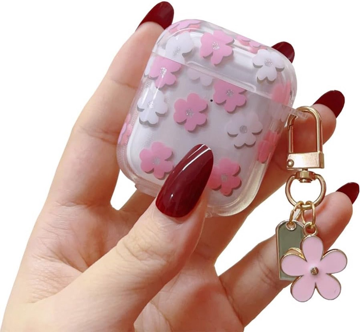 Roze Bloem Hoesje met Sleutelhanger voor Draadloze Oordopjes (2e & 1e Generatie)