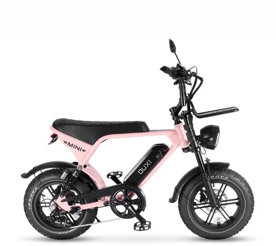 Elektrische Mini Fatbike OUXI V8 Ultra 16″ Roze, 250W Motor, 7 Versnellingen, 50 km Actieradius, Vering, Schijfremmen