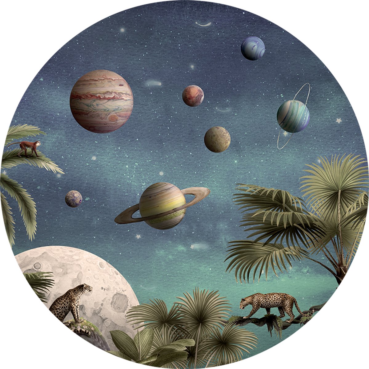 Muursticker - Wanddecoratie - Kinderkamer - Ruimtekamer - Pretty Planets - ø 100 cm - ruimtevaart - planeten - Behangcirkel