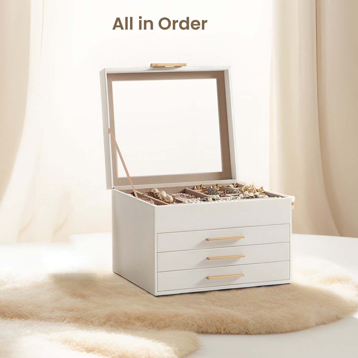 Sieradendoos – Glas – Wolkenwit en Goud – 4-laags organizer met 3 lades