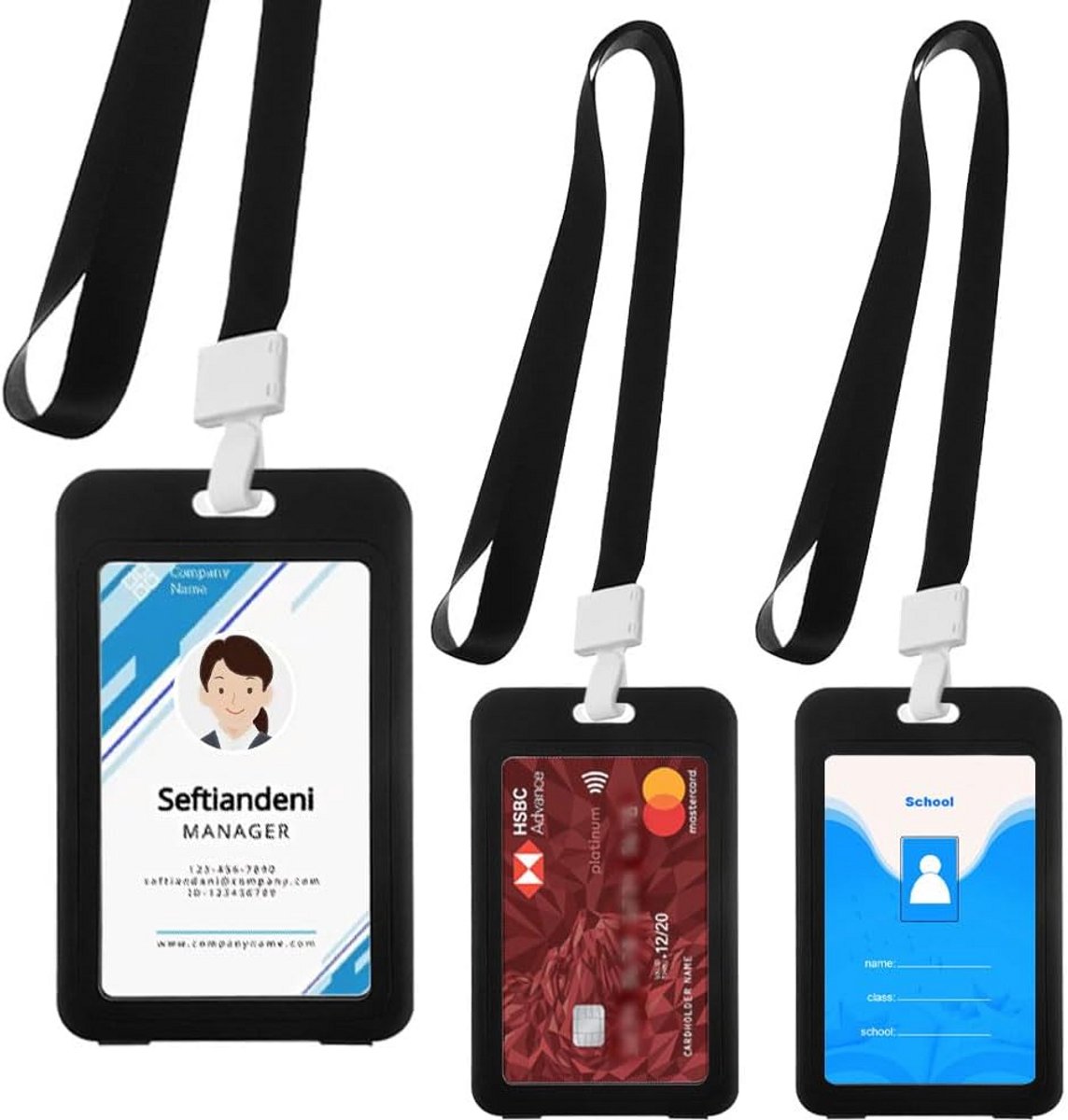 Set van 3 Verticale Hardplastic Kaarthouders met Lanyards voor ID, Creditcards en Toegangspassen